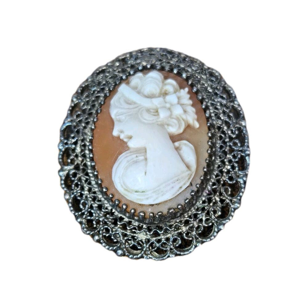 Vintage K.L. Signed Carved Cameo Lady Sterling Silver Filigree Brooch Pendant